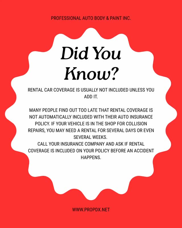 🚗 Did You Know?
Rental car coverage is NOT automatically included in most auto insurance policies — you have to add it 📞
Here’s why that matters:
If your car is in the shop after an accident (whether it’s your fault or not), you could be without a vehicle for weeks. And if the other driver doesn’t have insurance, you may have to rely on your own policy 📑
Without rental coverage, that means paying out of pocket every single day for a rental — which adds up fast 💸
💡 The good news?
Adding rental coverage usually costs about the same as a coffee or lunch per month — a small price compared to hundreds or even thousands in rental fees ↗️
👉 Simple tip:
Call your insurance agent and ask:
“Do I have rental coverage on my policy?”
If not, consider adding it now — not after you need it ⏰
—
🛠️ Professional Auto Body & Paint
Serving the Portland Metro community since 1997
Local. Independent. Here for our community.
🌐 www.propdx.net
#autobodyrepair
#autobodyshop
#portland
#pdx
#autoaccident