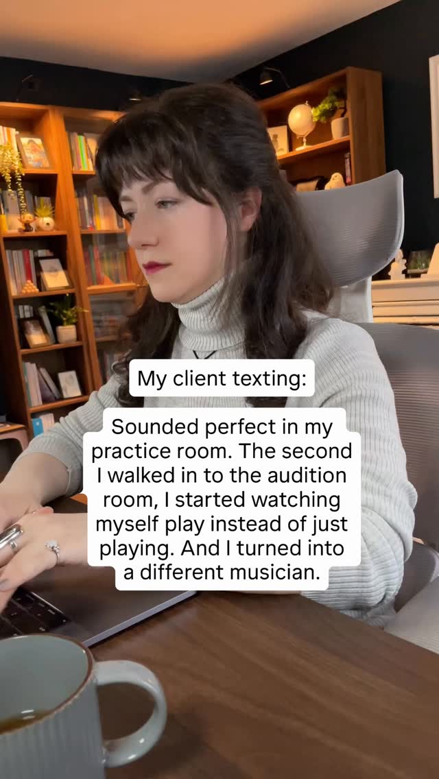 This is one of the most common patterns I see in technically excellent musicians.
In the practice room, your attention is on the music:
The phrase, the color, the interpretation…
You’re task-focused. Your brain is doing what it’s trained to do.
But the moment evaluation enters the picture (real or imagined), your attention flips.
Instead of focusing on the task, you start focusing on ‘watching yourself doing the task’:
Am I shaking?
Do I look nervous?
Is this phrase clean enough?
Can they tell I’m panicking?
And that flip from task-focused to self-focused is what degrades your performance.
When self-monitoring activates, task-focused attention weakens.
The brain networks that support skilled execution and those that support self-evaluation are competing for resources. You can’t do both well at the same time.
This is why you can play beautifully in private and fall apart under observation.
It’s not like your technique disappears. Just that your attention is now split between playing and watching yourself play.
What I tell my clients when this pattern shows up is that you need to train your mind to stay anchored to the task, even when the self-monitoring thoughts show up.
(Because they will keep showing up, we have no way of getting rid of your thinking mind! )
The goal is learning how to let them exist in the background while your focus stays where it belongs: On the music 💙
#ClassicalMusician #PerformancePsychology #StageNerves #AuditionStrategy #MusicianMindset