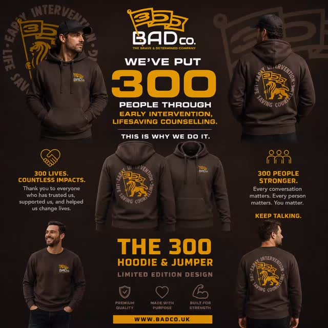 YOU have achieved something extraordinary. 300 people have now received counselling through the Brave and Determined.
To mark this milestone, we’re very excited to launch 2 new products. The “300” hoodie and the “300” sweater, both in espresso brown. Designed with meaning by @dan_anthropic and produced with care by @x.apparel1, these might just be our new favourites!
Get yours: www.badco.uk
#mentalhealth #counselling #hoodie #sweater #espresso