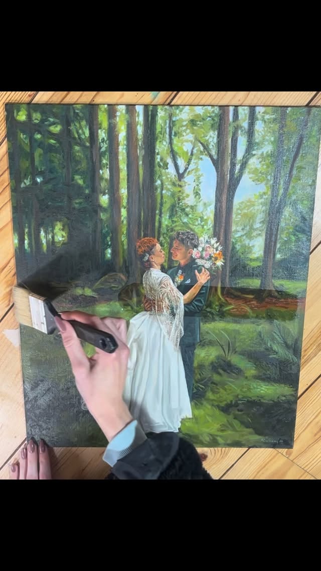 Varnish bringing life back into this piece. She’s off to the framers ✨
#newlywedspainting #newlyweds #couplegoals #weddingpainter
