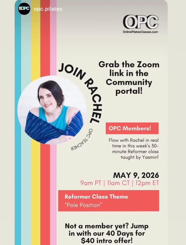 Want to join me?
The workout with me sessions are an amazing chance to try out an OPC class and workout side-by-side together. You can join me after for a 10 to 15 minute Q&A session.
Ask me anything about OPC or about Pilates or about the class we take together.
We’ll be taking Yasmin‘s class on the reformer this Saturday at 11 AM CST.
We are kicking off the OPC spring training events with this live session, message me for the link or sign up for our 40 days for $40 special!!
OPC.me/RACHEL