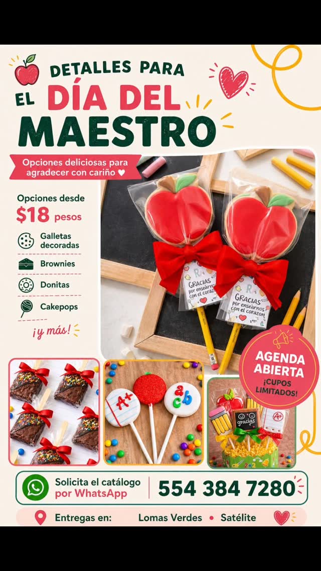🚨✨ ÚLTIMA LLAMADA – DÍA DEL MAESTRO ✨🚨
¡No te quedes sin tu detalle! 🎁
Estamos cerrando pedidos para este Día del Maestro 🍎📚
Aún estás a tiempo de sorprender con algo lindo, delicioso y súper especial 💛
🎓 Opciones desde $18 pesos
🍪 Galletas decoradas
🍫 Brownies
🍩 Donitas
🍭 Cakepops y más…
⚠️ CUPOS LIMITADOS – se están terminando
Agenda hoy mismo y asegura tu pedido
📲 Pide el catálogo por WhatsApp:
👉 5543847280
📍 Entregas en: Lomas Verdes y Satélite
✨ Hazlo bonito, hazlo especial… ¡hazlo con Grupo Glacé! 💛
#eventoscdmx #diadelmaestro #gallletasroyalicing #galletasdecoradas