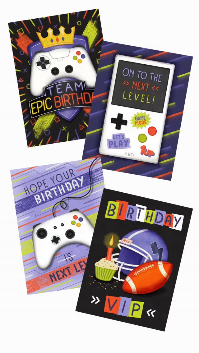 A closer look at the color palette behind my gaming-themed birthday collection "Level Up".
I wanted the colors to feel playful, vibrant and retro arcade-like.
Would you have chosen a different color palette?
#artlicensing #greetingcards #freelanceillustrator