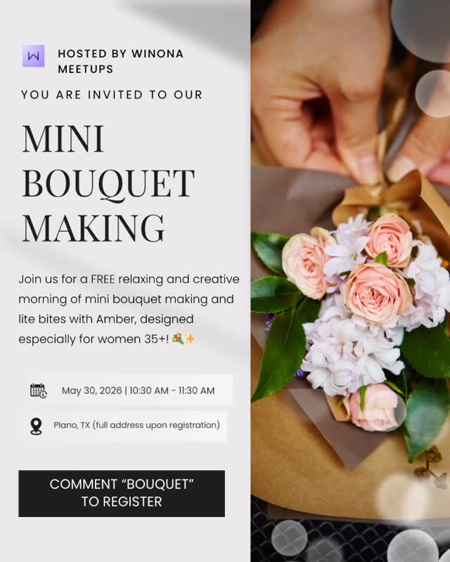 Somewhere along the way, women stopped doing simple things just for FUN.
Not for productivity.
Not for the kids.
Not for work.
Not for everyone else.
Just for themselves. 💐
That’s why I’m hosting a FREE women’s 35+ Mini Bouquet Making Morning here in Plano, sponsored @bywinona
A relaxing morning with flowers, snacks, music, creativity, and connection with other women who probably need this kind of exhale too.
No experience.
No pressure.
No awkward networking energy.
Just a soft, easy morning together. 🌸
If that sounds like exactly what your nervous system needs right now…comment BOUQUET and I’ll send you the registration link. 💌
📍Plano, TX (exact address upon registration)
🗓 Saturday, May 30
⏰ 10:30–11:30 AM
Limited spots available.