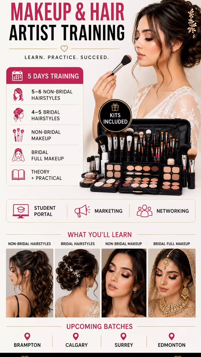 🧿 MAKEUP AND HAIR ARTIST TRAINING
Bridal glam to modern non-bridal looks with full practical training. Perfect for beginners or artists wanting to level up their skills.
What you’ll learn:• 5–6 Non-Bridal Hairstyles• 4–5 Bridal Hairstyles• Non-Bridal Makeup• Bridal Full Makeup• Theory + Practical Training
Plus:✔ Student Portal✔ Marketing Support✔ Networking Opportunities✔ Kits Provided
Upcoming Batches:📍 Brampton📍 Calgary📍 Surrey📍 Edmonton
Start your beauty career with confidence 💕DM us to register or for more details.
#MakeupArtistTraining #HairStylistTraining #BridalMakeup #makeupcourse #brampton