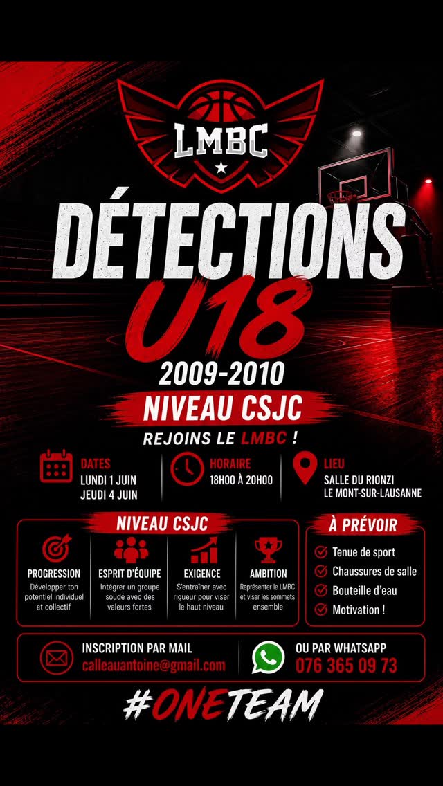 Envie de rejoindre une équipe CSJC compétitive ?
Le Mont Basket Club cherche des joueurs pour rejoindre un effectif déjà chaud pour la saison prochaine 🔥🔥🔥
Rendez vous au Rionzi le lundi 1er juin et le jeudi 4 juin.
Prends contact maintenant 🏀