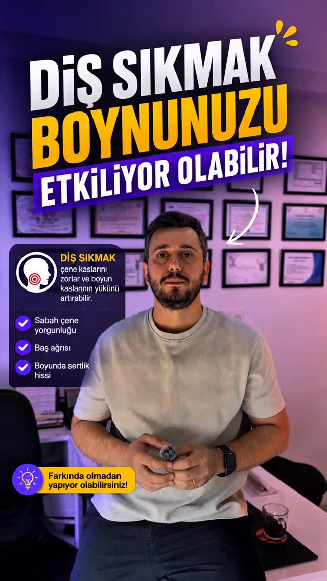 😬 Dişlerinizi fark etmeden sıktığınızı hiç düşündünüz mü?
Birçok kişi stresli, yoğun veya odaklandığı anlarda fark etmeden dişlerini sıkabiliyor.
Özellikle gece uyurken oluşan çene sıkma alışkanlığı bazı kişilerde sabah baş ağrısı, çene yorgunluğu veya boyun bölgesinde sertlik hissi oluşturabiliyor.
Çene kasları ve boyun kasları birlikte çalıştığı için bazen kişiler sadece boyun bölgesine odaklanıyor ancak günlük alışkanlıklar da önemli olabiliyor.
Özellikle:
• Diş sıkma alışkanlığı
• Uzun süre stres altında kalmak
• Telefon ve masa başı pozisyonları
• Uyku sırasında çenenin kasılı kalması
gibi durumlar kas yüklenmesini artırabiliyor.
👉 Sabah uyandığınızda çenenizde yorgunluk hissediyor musunuz?
👉 Bu konuyu daha detaylı ele aldığım blog yazısını inceleyebilirsiniz.
🔗 Link profilde
———
ℹ️ Bu içerik genel bilgilendirme amacı taşır.
Her bireyin durumu farklıdır ve değerlendirme kişiye özel planlanmalıdır.
———
Fizyoterapist Nevzat Gedik
Özel Sağlık Meslek Hizmet Birimi
📍 Yenişehir / Mersin
📞 0534 983 17 79
🌐 fizyoterapistnevzatgedik.com
#dişsıkma #çenesıkma #boyunağrısı #başağrısı #fizyoterapi