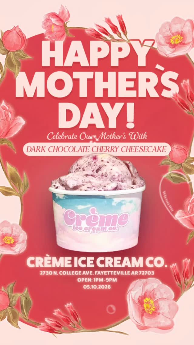 💕💐HAPPY MOTHER’S DAY! 💐💕
We made something special just for the moms today:
🍫🍒DARK CHOCOLATE CHERRY CHEESECAKE🍒🍫
A cherry cream cheese base mixed with rich crushed dark chocolate chips, cherry sauce, and chewy bits of cheesecake.
Honestly… probably one of my favorite flavors we’ve made so far.
Stop by and treat your Mama today
OPEN 1PM–9PM ❤️
📍2730 N. College Ave. Fayetteville, AR 72703
🚪Check Google Maps For Current Hours
#cremeicecreamco #icecream #fayetteville #arkansas #northwestarkansas
