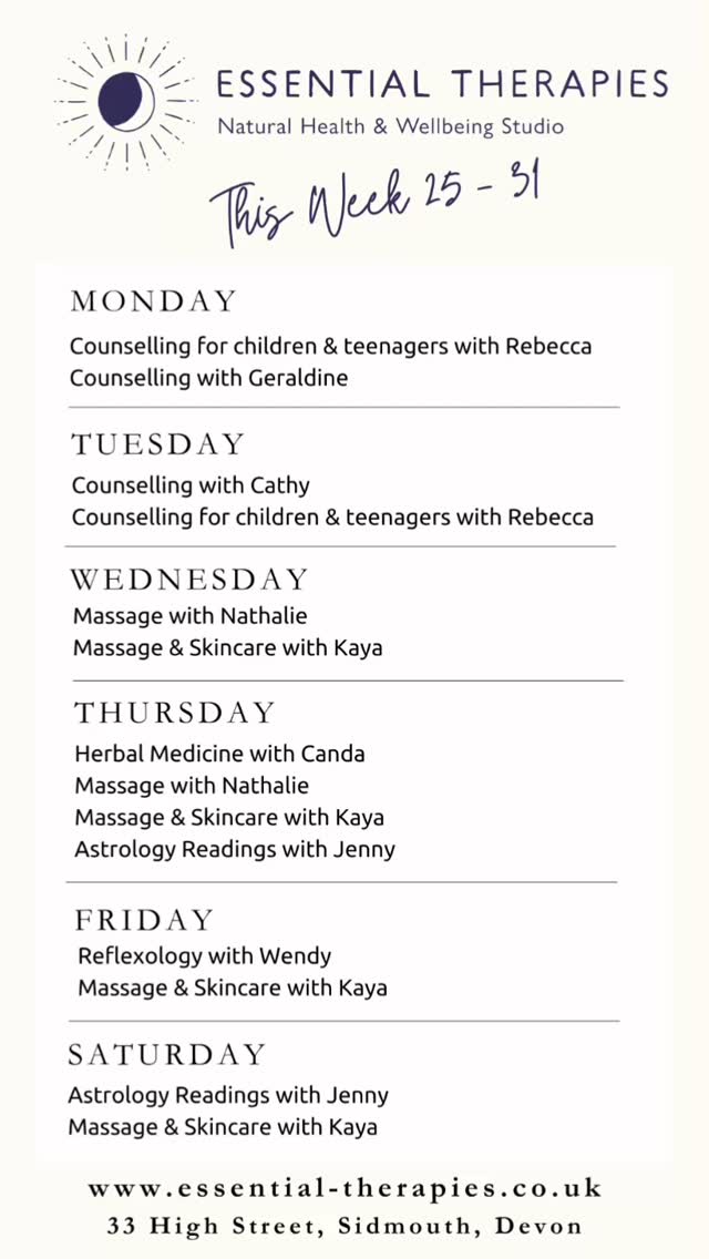 Appointments available this week @essential.therapies.sidmouth
Please check out our practitioner page and contact your chosen therapist directly to book your appointment.
#sidmouth #eastdevon #therapycentre