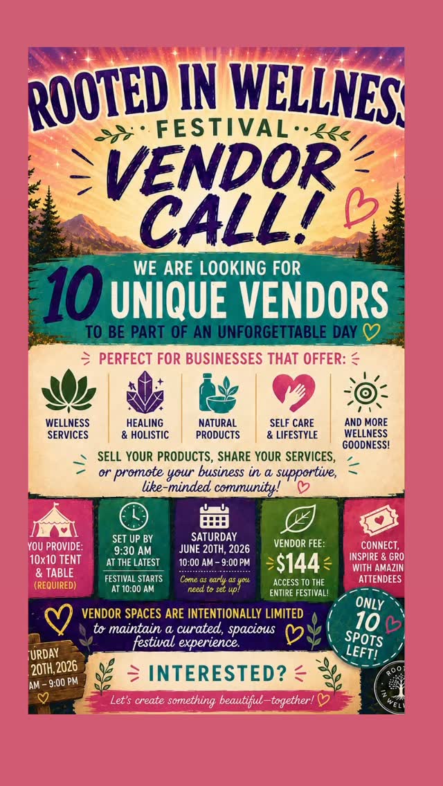 ✨ VENDOR CALL ✨
We’re looking for 10 unique vendors to join the Vendor Village at the Rooted in Wellness Festival 🌿
If you offer products, services, or experiences that align with wellness, healing, spirituality, self-care, or conscious living, we’d love to hear from you.
✨ Vendor Fee: $144✨ Includes access to the full festival✨ One helper included free of charge
Vendor spaces are intentionally limited to create a curated and spacious festival experience.
Application link is in bio ☀️