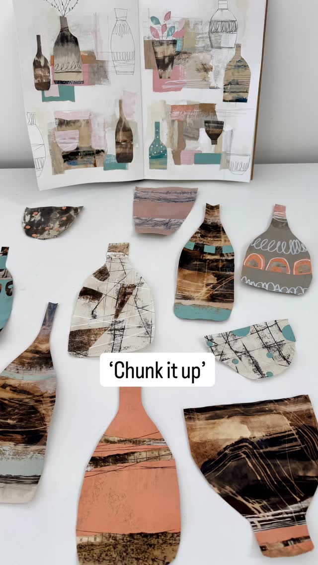 TRY THIS!
‘Chunk it up’
My granddaughter has been using the expression “chunk it up” while learning to read — breaking things into manageable pieces and just starting somewhere. Such a lovely phrase don’t you think?
I realised I’d been doing exactly that with some vases, bowls and vessels or whatever you like to call them.No grand plan. Just a way to start.
So today I was just snipping into papers I’d recently painted, printed and made, then seeing what wanted to happen next.
Who knows how they’ll eventually be used, but “chunking it up” feels like a pretty good way to begin anything creative don’t you think?