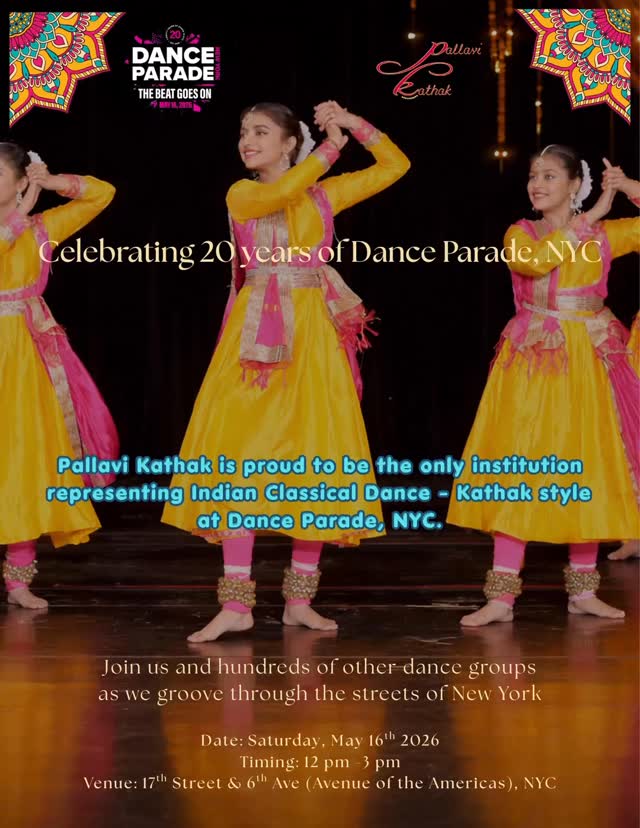 Yet another feather in our cap! 🤩
With immense pride and gratitude, we share that Pallavi Kathak Gurukul will be representing Indian Classical Dance – Kathak style at the 20th Anniversary of Dance Parade, New York City.
Pallavi Kathak Gurukul continues its commitment to preserving, presenting, and advancing Kathak with integrity, depth, and artistic excellence on a global stage.
Join us and hundreds of other dance groups as we groove through the streets of New York.
Day & date: Saturday, May 16, 2026
Timing: 12-3 pm
Venue: 17th street & 6th Ave (Avenue of the Americas), NYC
@danceparadenyc
#pallavikathakgurukul #dance #danceparade #nyc #kathak