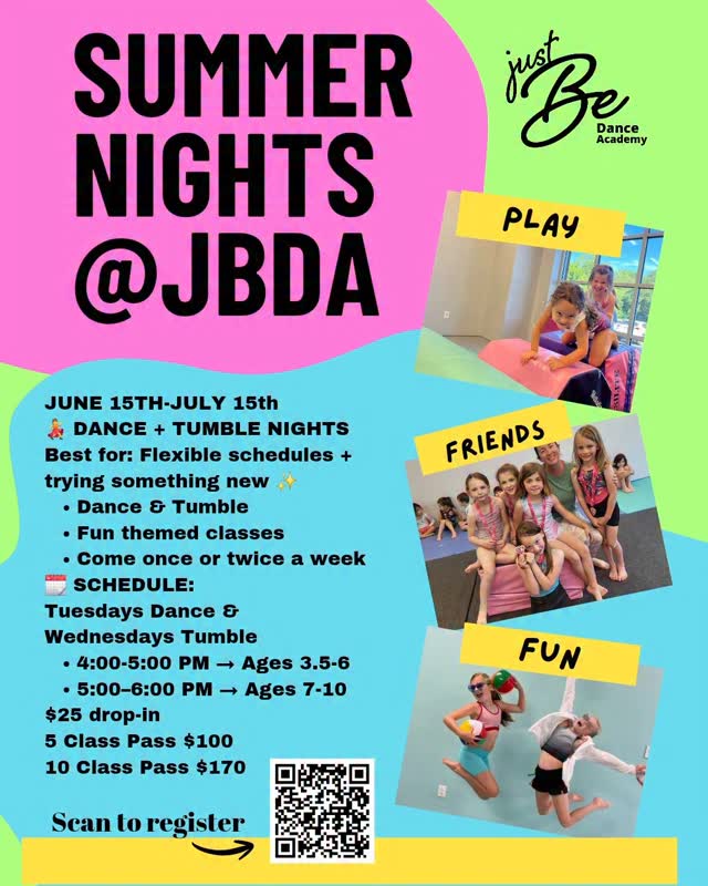 🚨 JUST ADDED: SUMMER NIGHTS @ JBDA! ☀️
We’re bringing the FUN this summer with flexible Dance + Tumble Nights 💃🤸♀️
Perfect for busy families, trying something new, or just getting out of the house! 🙌
✨ Themed classes
✨ Come once OR weekly
✨ All skill levels welcome
🗓 June 15 – July 15
📍 Tuesdays = Dance | Wednesdays = Tumble
⏰
• 4:00–5:00 PM (Ages 3–5)
• 5:00–6:00 PM (Ages 6–9)
🎟 Class passes available!
Spots are limited — don’t wait! 👇
Link in bio or
Scan the QR code to register now
#JustAdded #SummerActivities #FortMillmoms #DanceAndTumble #MomLife KidsFun JBDA