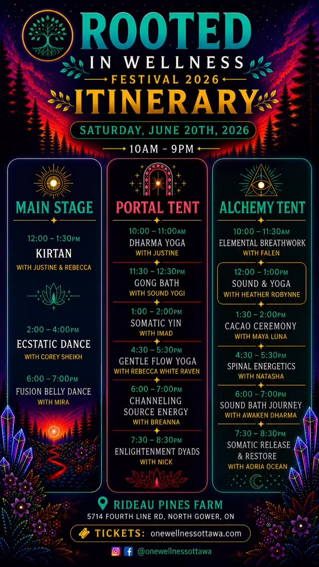 The official Rooted in Wellness Festival itinerary is here ✨🌿
From yoga, breathwork, sound journeys, ecstatic dance, cacao ceremonies, somatic healing, belly dance, and more… this day is going to be pure magic. 🌙🔥
Join us Saturday, June 20th at Rideau Pines Farm in North Gower for a full day of music, movement, healing, connection, and community.
🎟 Tickets available now at onewellnessottawa.com
We can’t wait to gather with you all again. 💫
#RootedInWellness #OttawaEvents #WellnessFestival #SoundHealing #EcstaticDance