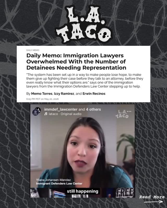 The rules are changing in real time, and immigrant communities are being paying the price.
Across Southern California, we are continuing to see people detained, transferred, and deported before they ever have a meaningful chance to speak with an attorney, understand their rights, or fight their case. At the same time, the administration continues adding new barriers and shifting policies that wear people down, isolate them from support, and pressure them toward giving up hope.
“The system is being flipped on its head to really stack everything against immigrants right now,” said ImmDef Chief Program Officer Yliana Johansen-Mendez.
🔗Read more via @lataco: https://lataco.com/daily-memo-immigration-lawyers-overwhelmed-with-the-number-of-detainees-needing-r...