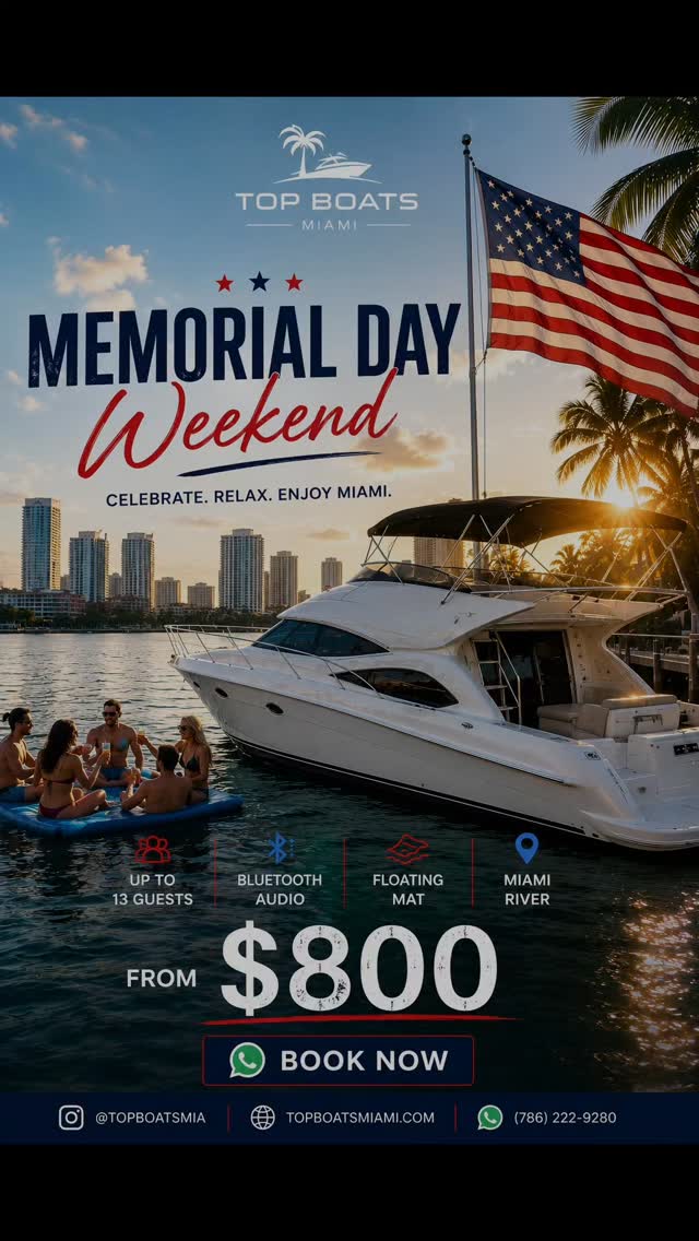 Memorial Day weekend is almost here 🇺🇸☀️
Limited yacht availability this weekend. Starting from $800.
📲 DM us now to reserve your date.
#MemorialDayWeekend
#BoatRentalMiami
#MiamiYachtRental
#MiamiBoatLife
#TopBoatsMiami