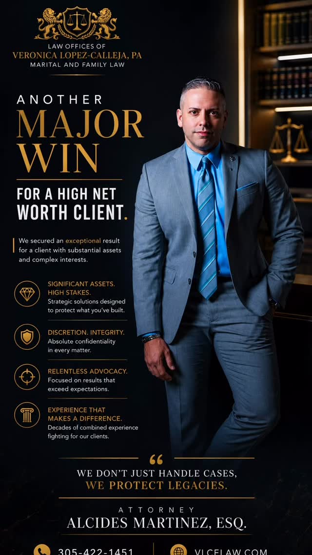 Not every case is simple.
Not every result is ordinary.
Our Associate Attorney, Alcides Martinez, Esq. recently secured a significant outcome for a high-net-worth client in a complex and high-stakes matter. When substantial assets, reputations, and futures are on the line, strategy and experience matter.
Proud of the relentless advocacy our team brings to every case we handle. Congratulations !
#FamilyLaw #HighNetWorthDivorce #MiamiAttorney #TrialAttorney #FamilyLawFirm LuxuryDivorce HighAssetDivorce MiamiLawyer Litigation AttorneyLife ResultsMatter