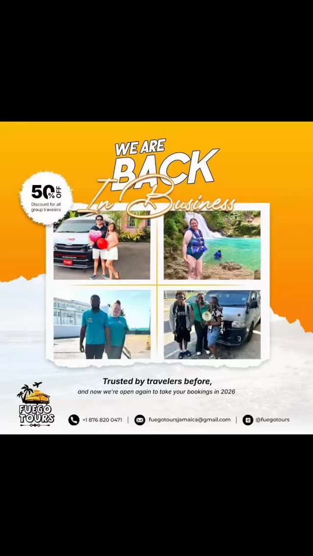 ๐ฏ๐ฒ Jamaica Fuego Tours ๐ฏ๐ฒ
The most prominent and most trustworthy tour excursion company in Jamaica.
We offer luxurious private transportation and unforgettable experiences across the island โ reliable, no hassle, and tailored just for you. From airport transfers to private tours, we cater to our clientsโ needs 24-7, with professional service every step of the way.
๐ Jamaica
๐ 1-876-820-0471
๐ www.fuegotoursjamaica.com
Travel in comfort. Travel with confidence.
Travel with Fuego.
#excursionjamaica #montegobay #nohassletravel #jamaica #luxuryinjamaica