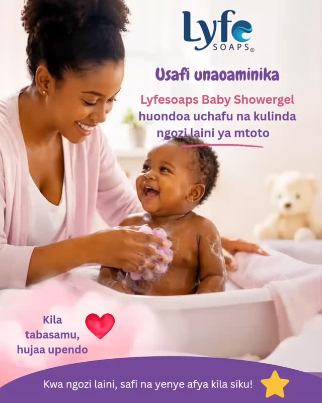 Lyfesoaps Baby Shower Gel — imetengeneza maalum kwa ngozi laini ya mtoto wako mchanga na mkubwa.
Haimtoi mtoto machozi anapooga na haina harufu yenye madhara kuepusha chafya na mafua kwa vichanga.
Tear free, fragrance free, gentle & safe kwa mtoto wako anayestahili upendo wa kweli. 🫧✨
#LyfeSoaps #BabyCare #GentleCare #HappyBaby #BabyShowerGel