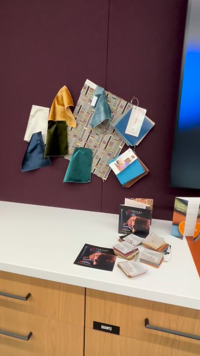 A table top display showing Cortina leather and a few Chromatix Hue textiles. Love table top displays. #interiordesign #midwestdesigner #leather #textiles