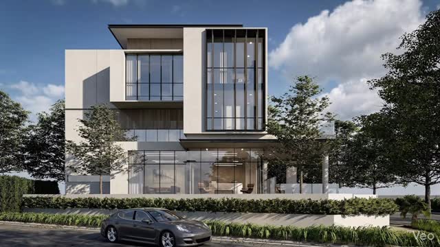 The side facade was designed and composed with living , gathering and resting spaces expressed as boxes .