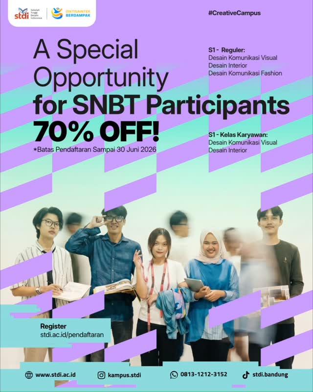 Kini saatnya melangkah lebih dekat menuju dunia kreatif bersama Sekolah Tinggi Desain Indonesia (STDI)!
Khusus peserta SNBT, dapatkan potongan biaya pendidikan hingga 70% untuk program studi:
š S1 Reguler
⢠Desain Komunikasi Visual
⢠Desain Interior
⢠Desain Komunikasi Fashion
š S1 Kelas Karyawan
⢠Desain Komunikasi Visual
⢠Desain Interior
Jangan lewatkan kesempatan untuk mengembangkan kreativitas, membangun portofolio, dan belajar langsung di lingkungan kampus yang mendukung industri kreatif.
ā³ Pendaftaran diperpanjang hingga 30 Juni 2026
š² Daftar sekarang: stdi.ac.id/pendaftaran
#STDI #SekolahTinggiDesainIndonesia #CreativeCampus #PMBSTDI #SNBT2026 KuliahDesain DesainKomunikasiVisual DesainInterior FashionDesign KampusKreatif Bandung BeasiswaSTDI FutureDesigner KuliahBandung MahasiswaKreatif