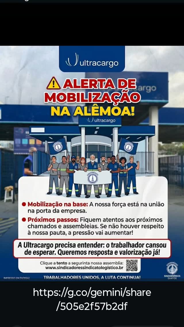 ## 📢 COMUNICADO AOS TRABALHADORES DA ULTRACARGO (ALEMOA)
**A ULTRACARGO IGNORA O PRAZO E DÁ AS COSTAS ÀS REIVINDICAÇÕES DOS TRABALHADORES!**
Trabalhadores e Trabalhadoras
ULTRACARGO LOGÍSTICA S.A.
Após a categoria rejeitar expressivamente e de forma democrática a contraproposta anterior da Ultracargo Logística, o sindicato tratou de informar a empresa e deu um prazo para retomar as negociações.
No entanto, **o prazo venceu e a empresa escolheu o silêncio.**
Ao ignorar o limite estabelecido e não apresentar uma contraproposta que respeite a vontade da maioria, a direção da Ultracargo demonstra total desrespeito com a força de trabalho que gera o seu lucro diariamente.