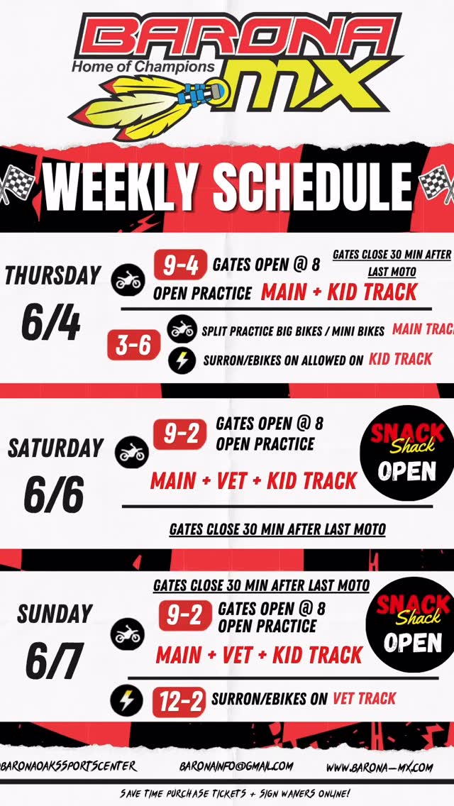 ⚡ WEEKLY SCHEDULE⚡
Come out and put some laps in under the OAKS🌳🏁
🔥 Thursday Open Practice
*CHANGE-Split practice Big bikes/Mini Bikes 20 min sessions on the main track 3-6pm
🔥 Saturday Open Practice
🔥 Sunday Open Practice
🔥 Surron/E-Bike Sessions
🔥 Split bike size practice Sessions
🔥 Snack Shack Open
⏱️Save time buy tickets and sign waivers online❗️
www.barona-mx.com
.
.
#BOMX #BaronaOaksMX #MotocrossTrack #summerfun #ride