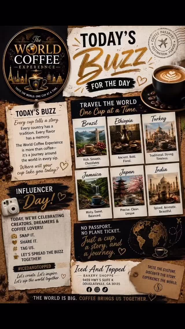 ☕🌍 TODAY’S BUZZ + INFLUENCER DAY 🌍☕
📸✨ CONTENT CREATORS, THIS IS YOUR MOMENT!
The World Coffee Experience is in full swing, and today we’re celebrating the creators who bring experiences to life through photos, videos, reels, and storytelling.
🎥 INFLUENCER DAY
🕑 Today | 2:00 PM – 5:00 PM
✨ FREE COFFEE TASTINGS
✨ Beautiful Content Creation Opportunities
✨ Coffee Passport Experience
✨ Global Coffee Stories
✨ Unique Photo Moments
✨ Connect with Other Creators
From Brazil to Ethiopia...
From Turkey to Japan...
From Jamaica to India...
Create content that takes your audience around the world—one cup at a time.
📍 Iced And Topped Bakery Shoppe
9459 Hwy 5 Suite K
Douglasville, GA 30135
📱 Bring Your Phone
📸 Bring Your Camera
🎬 Bring Your Creativity
Let’s create.
Let’s inspire.
Let’s share the world together.
Tag us in your content and show us where your coffee journey takes you!
#InfluencerDay
#ContentCreator
#CreatorCommunity
#InfluencerMarketing
#DigitalCreator
UGCCreator
ContentCreation
ReelCreator
InstagramCreator
TikTokCreator
LifestyleInfluencer
FoodInfluencer
TravelInfluencer
AtlantaInfluencer
GeorgiaInfluencer
CreativeCommunity
BrandCollaboration
CreateAndInspire
CreatorLife
SocialMediaCreator