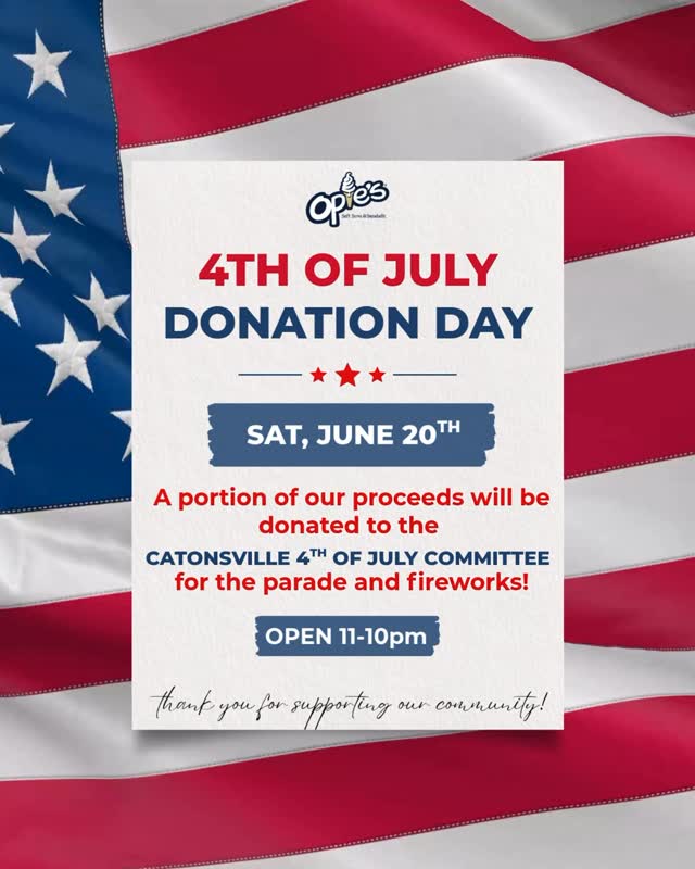Stop by Opies on SATURDAY JUNE, 20th to support the Catonsville 4th of July Parade & Fireworks! 🇺🇸🎇🎆🇺🇸
The Catonsville 4th of July Committee will be selling t-shirts from 9:00 AM – 1:00 PM!!
Thank you for supporting our community and helping keep these hometown traditions alive! ❤️🤍💙