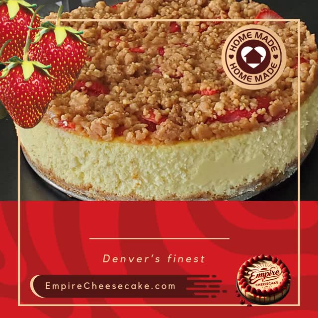 The Strawberry Crumble Cheesecake adds a twist to our strawberry classic with a golden, buttery crumble topping.
Beneath the crumble, a layer of sweet strawberry complements the creamy cheesecake. This dessert is a textural delight, offering the crunch of crumble with the softness of cheesecake on a graham cracker base.
Order yours today! EmpireCheesecake.com
#DenverFoodie #DenverCheesecake #DenversFinest #DenversBestCheesecake #EmpireCheesecake #HomemadeCheesecake