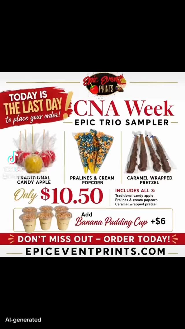 🚨 TODAY IS THE LAST DAY TO ORDER! 🚨
CNAs do the work that often goes unseen.
They answer call lights, offer comfort during difficult moments, and care for patients like family.
This CNA Week, say thank you with a sweet treat they’ll actually enjoy.
The EPIC Trio Sampler includes:
🍎 Traditional Candy Apple
🍿 Pralines & Cream Popcorn
🥨 Caramel Wrapped Pretzel
Only $10.50
Optional:
🍌 Banana Pudding Cup +$6
A small gesture can make a big impact.
Order today at EPICEVENTPRINTS.COM
If it isn’t EPIC, then it’s ordinary!®
#CNAWeek #NOLA #NewOrleansSmallBusiness #CandyApples #SweetTreats