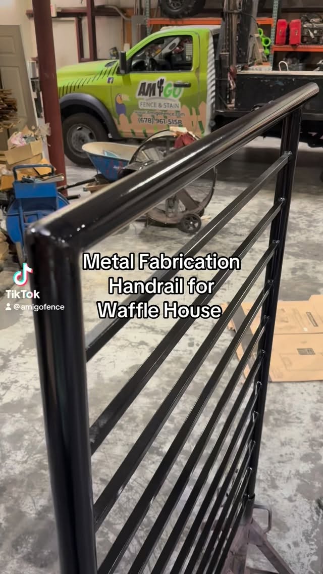 Custom built handrail fabricated in-house for the new Waffle House pedestrian entryway with a 3-inch slope.
Custom Metal Fabrication #WaffleHouse #CustomHandrail #MetalFabrication #amigofenceandstain #ironworkerusa