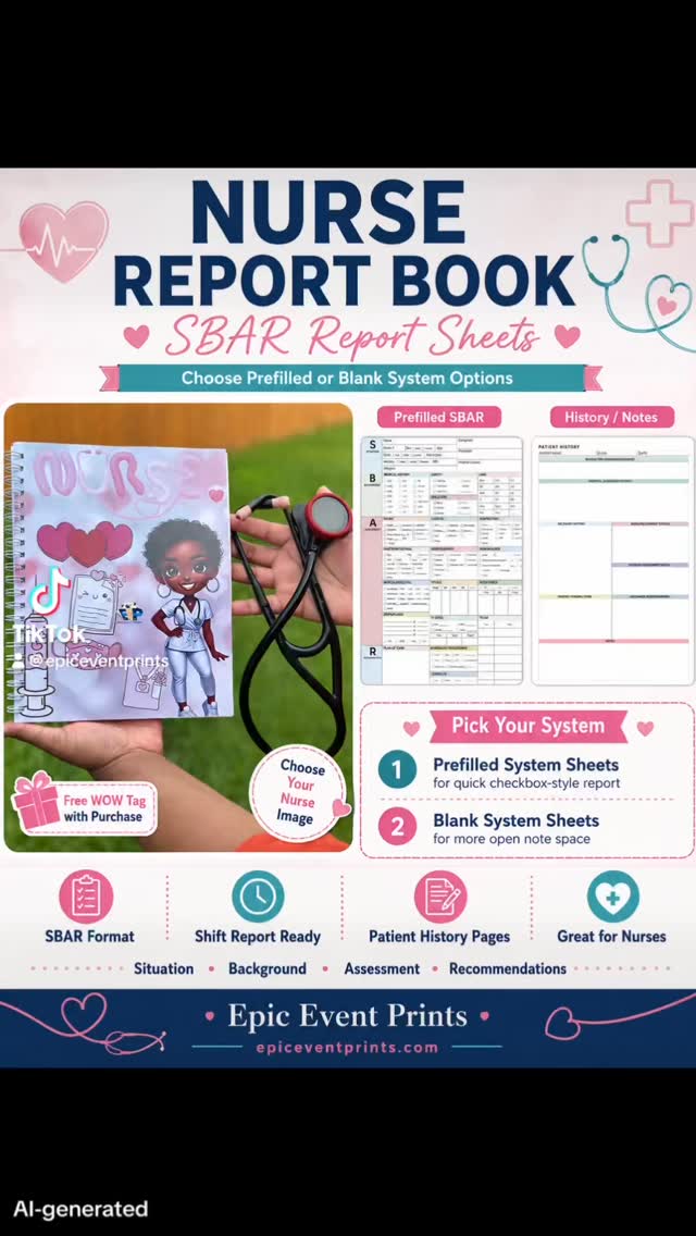 ✨ It’s Planner Monday 💙
Time to reset, refocus, and get your shift life organized.
Our Nurse Report Book was made for the nurse who needs more than a cute cover. It includes SBAR report sheets, patient history pages, and the option to choose prefilled system sheets or blank system sheets based on how you like to give report.
You also get to choose your nurse image, and each report book comes with a free WOW tag with purchase.
Plan your shift. Organize your report. Show up prepared.
Shop now: epiceventprints.com
#NurseTok #NurseLife #PlannerTok #NursingStudent #SmallBusinessTikTok