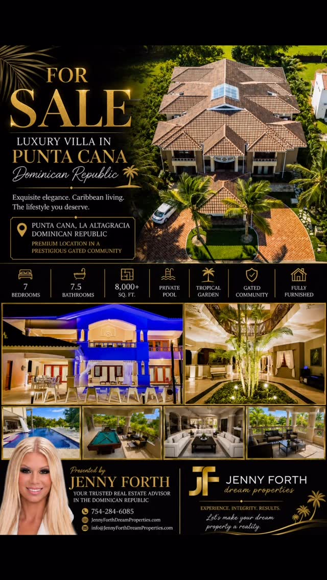 🏝️ FOR SALE – Luxury Villa in Punta Cana, Dominican Republic 🏝️
Experience Caribbean luxury at its finest! This stunning villa offers resort-style living with spacious interiors, beautiful tropical surroundings, a private pool, and the exclusivity of a prestigious gated community.
Whether you’re looking for a dream home, vacation retreat, or investment opportunity, this exceptional property is a must-see.
📞 754-284-6085
🌐 JennyForthDreamProperties.com
📧 info@JennyForthDreamProperties.com
Contact me today for pricing, details, and a private presentation.
#PuntaCanaRealEstate #LuxuryVilla #DominicanRepublic #DreamHome #JennyForthDreamProperties