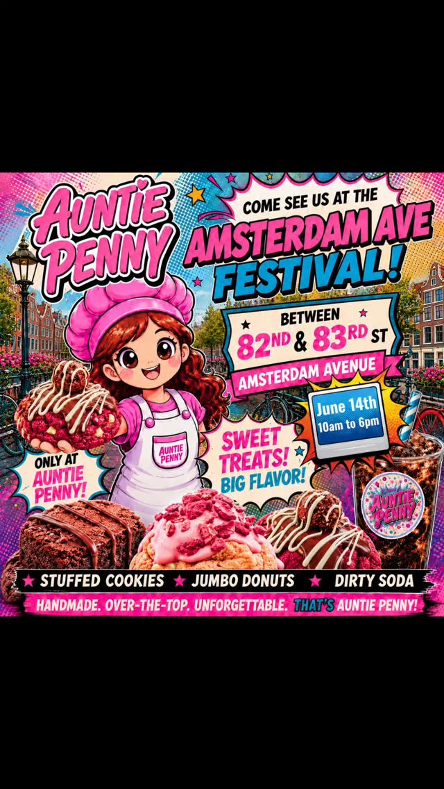 Auntie Penny is coming to the Amsterdam Ave Festival with our stuffed cookies, jumbo donuts, and dirty soda!
Come visit us and treat yourself to something sweet, fun, and made with love.
🍪 Stuffed Cookies
🍩 Jumbo Donuts
🥤 Dirty Soda
Menu highlights include Dubai Chocolate Pistachio Cookies, Cookies n Cream Cookies, Chocolate Brownie Donuts, Biscoff Donuts, Kinder Bueno Donuts, Lemon Pistachio Donuts, Matcha Strawberry Donuts, and more!
📍 Amsterdam Ave Festival Between 82nd and 83rd st
🗓 Sunday, June 14
⏰ 10 AM – 6 PM
Quantities will be limited, so come early and grab your favorites before they sell out.
See you this Sunday! 💕
#nycfoodie #nyccookies #nycdessert #NYCEats #nycpopupshop