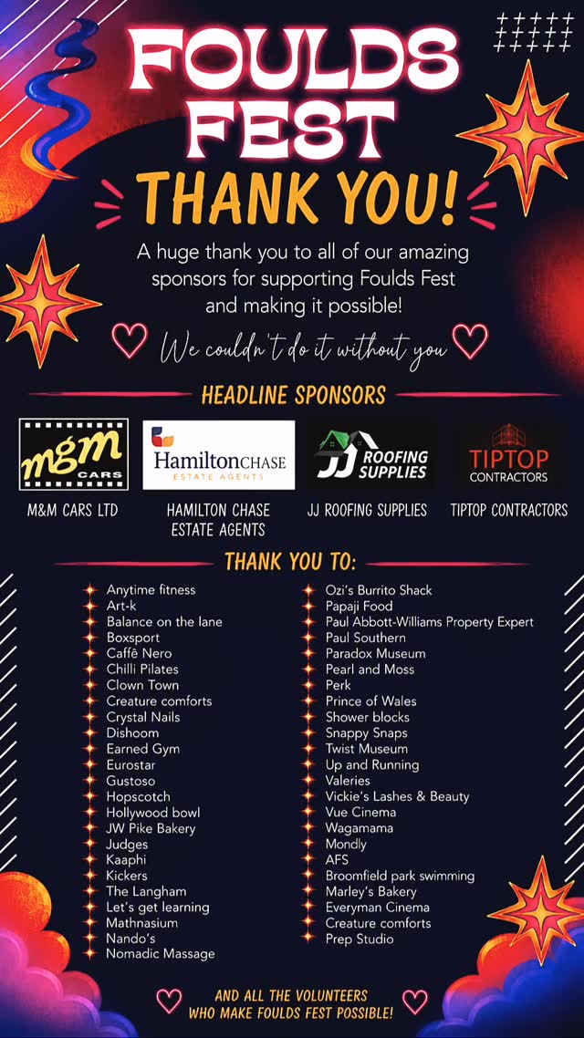 Thank you so much to all of our incredible sponsors and everyone who donated raffle prizes for Foulds Fest ๐โจ
Thanks to your generosity, we raised over ยฃ2,000 from the raffle alone which is amazing. Weโre still waiting for the final total raised from the event itself, but we think itโs going to be a record year.
We genuinely couldnโt have done it without all of you. You know exactly who you are and we are so grateful.
A huge thank you to:
@mgmcars_ and @theboydillon
@hamiltonchase.barnet
@jjroofingsupplies
@tiptop_contractors.ltd
@theprep_studio
@anytimefitnesshighbarnet
@artkclub
@balance.onthelane
@boxsportlondon
@caffenero
@chillipilates
@clowntown_finchley
@creaturecomfortsvetclinic
@crystal_nail_barnet
@dishoom
@earnedgymbarnet
@eurostar
@gustoso_eastbarnet
@hopscotchtreatsbarnet
@hollywoodbowluk
@jw.pike
@judgesbarnetrestaurant
@kaaphicoffee
@kickersuk
@langham_london
@barnetletsgetlearning
@mathnasium_barnet
@nandosuk
@madslustigman
@ozzisburritoshack
@papajifood
PaulSouthern
@london_paradoxmuseum
@pearlandmossuniform
@perk.coffeebar
@princeofwaleseastbarnet
@showerblocksofficial
@snappy.snapsbarnet
@twist_museum
@upandrunningbarnet
@valerieswestindiancatering
@vickieslashes
@vue
@wagamama_uk
@mondlylanguages
@afs.kids.camps
@broomfieldparksc
@marleysbakery_barnet
@everymancinema
@paul_abbottwilliams_property
And of course, thank you to everyone who bought and sold raffles tickets volunteer and who gave their time, energy and enthusiasm on the day and in the lead up to make Foulds Fest possible.
What a day. What a community. ๐
#schoolfair #FriendsOfFoulds #ThankYou #charity #donations