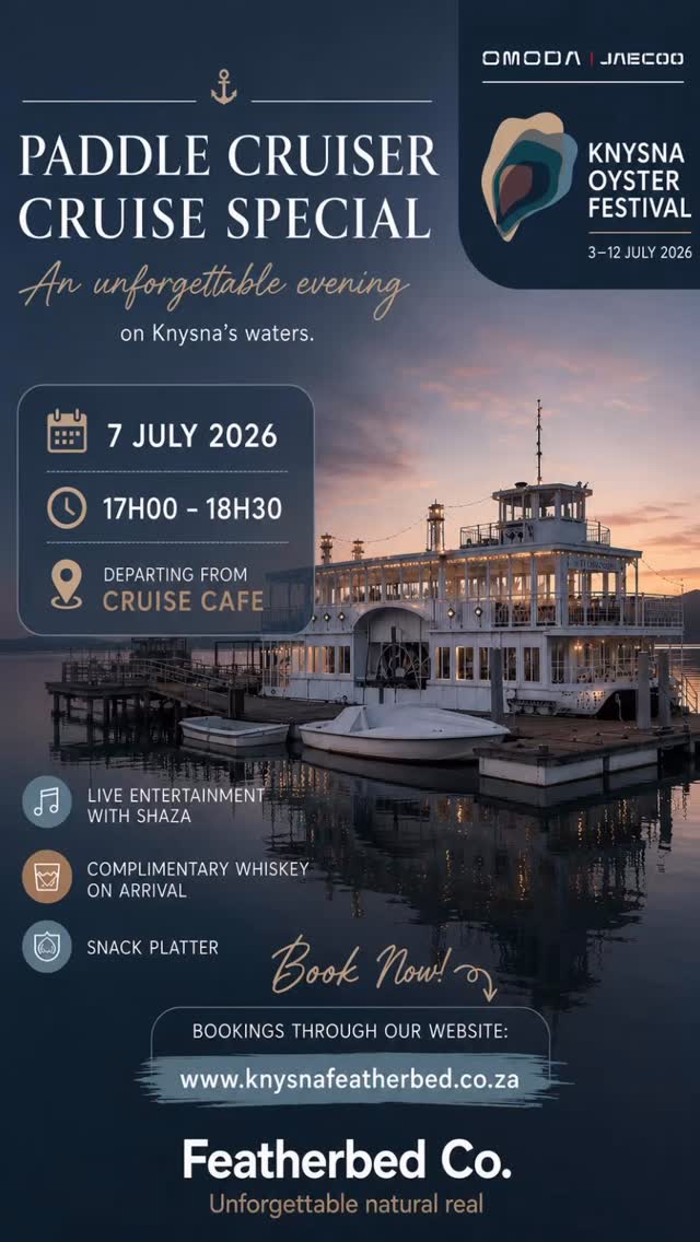 One Evening. One Cruise. One Incredible Value Offer.
Join us aboard the Paddle Cruiser on 8 July for a magical sunset experience on the Knysna Lagoon.
Live entertainment by Shaza
Complimentary whiskey on arrival
Delicious snack platter included
Scenic lagoon cruise aboard the iconic Paddle Cruiser
7 July 2026
17:00 – 18:30
R650 per person
As the sun dips behind the hills and the lagoon turns to gold, relax with great music, good company, and spectacular views.
Spaces are limited – book online now:
knysnafeatherbed.co.za
#Knysna #PaddleCruiser #KnysnaLagoon #SunsetCruise #LiveMusic #Shaza #FeatherbedCo #WinterSpecial #VisitKnysna #SouthAfricaTravel