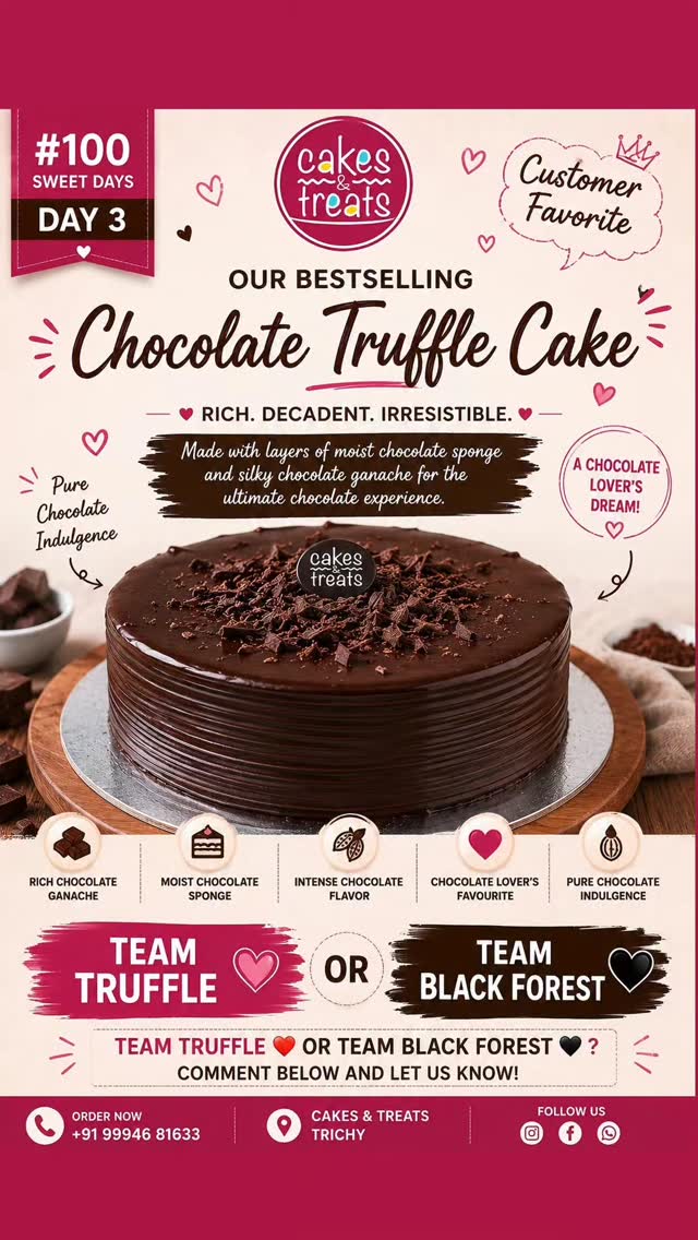 π«β¨ Day 3 of #100SweetDays β Customer Favorite! β¨π«
Meet our bestselling Chocolate Truffle Cake β€οΈ
Rich chocolate ganache, moist chocolate sponge, and an intense chocolate flavor that makes every bite unforgettable. π€€π°
A true chocolate lover's dream and one of the most loved cakes at Cakes & Treats! β¨
Now it's time to settle the debate... π
β€οΈ TEAM TRUFFLE π€ TEAM BLACK FOREST
Which side are you on?
π¬ Comment below and let us know your favorite!
π Cakes & Treats, Trichy
π +91 99946 81633
π www.cakesntreats.inβ οΏ½
#CakesAndTreats #100SweetDays #Day3 #CustomerFavorite ChocolateTruffleCake