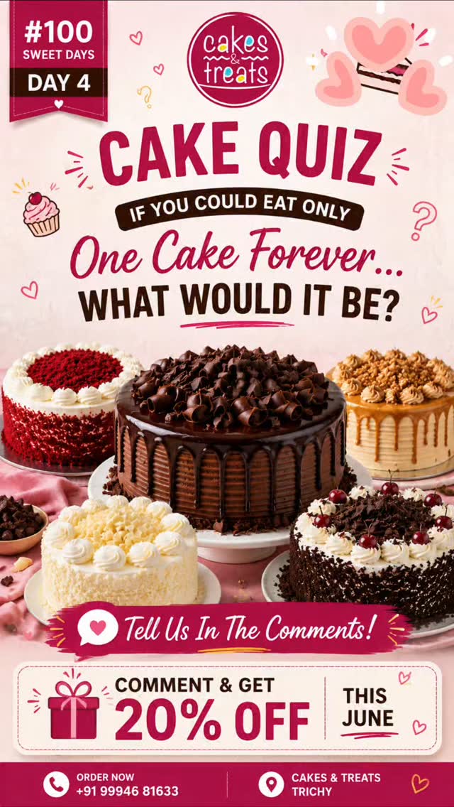 πβ¨ Day 4 of #100SweetDays β Cake Quiz! β¨π
Here's a tough one for all the cake lovers... π€π°
π If you could eat only ONE cake forever, what would it be?
Would you stay loyal to a rich Chocolate Truffle? π«
A classic Black Forest? π€
A dreamy Butterscotch? π―
Or something completely different? π
π Tell us your answer in the comments!
π SPECIAL JUNE OFFER π¬ Comment your favorite cake and get 20% OFF on your next cake order this June!
We can't wait to see which flavor wins! πβ€οΈ
π Cakes & Treats, Trichy
π +91 99946 81633
π www.cakesntreats.inβ οΏ½
#CakesAndTreats #100SweetDays #Day4 #CakeQuiz CakeLovers ChocolateTruffle