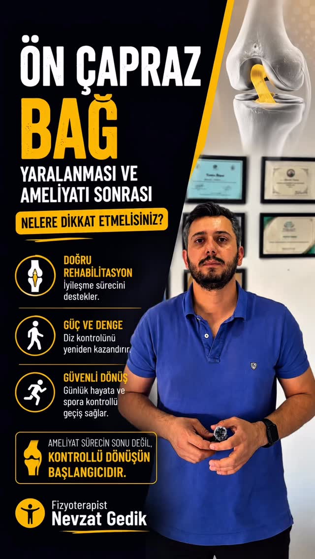 Ön çapraz bağ (ÖÇB), dizin hareket sırasında stabil kalmasına katkı sağlayan önemli yapılardan biridir.
Ön çapraz bağ yaralanmaları sonrasında süreç yalnızca ağrının azalması veya ameliyatın tamamlanmasıyla bitmeyebilir.
İyileşme döneminde;
🦵 diz hareket açıklığı
💪 kas kuvveti
⚖️ denge ve kontrol
🚶 günlük yaşama dönüş
🏃 aktiviteye geri dönüş
gibi birçok başlık birlikte değerlendirilir.
Özellikle erken dönemde diz çevresindeki hareket kalitesi, yük aktarımı ve kontrollü ilerleme sürecin önemli parçaları arasında yer alabilir.
Bazen kişi günlük yaşama dönmüş gibi hissetse de; kuvvet, denge veya hareket kontrolü önceki seviyeye tam olarak ulaşmamış olabilir.
Bu nedenle süreç yalnızca zaman geçirmek değil; kişiye özel değerlendirme ve planlama ile ilerleyen bir süreç olarak ele alınmalıdır.
Amaç yalnızca dizi hareket ettirmek değil; güvenli hareketi ve günlük yaşam konforunu desteklemektir.
📎 Bu içerik genel bilgilendirme ve farkındalık amacıyla hazırlanmıştır.
Tanı ve tedavi niteliği taşımaz.
👨🏻⚕️ Fizyoterapist Nevzat Gedik
📍 Yenişehir / Mersin
🌐 www.fizyoterapistnevzatgedik.com
#önçaprazbağ #acl #önçaprazbağameliyatı #dizrehabilitasyonu #sporfizyoterapisi fizyoterapi rehabilitasyon dizağrısı hareket fizyoterapist mersin