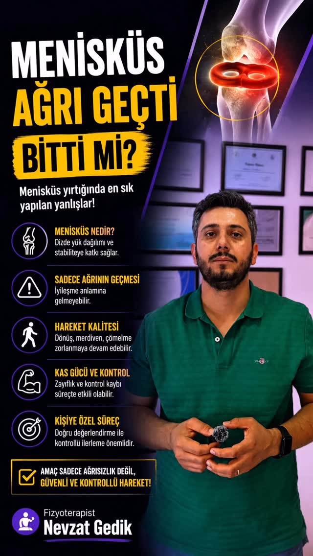 Menisküs şikâyetlerinde sadece ağrının azalmasına odaklanmak bazen süreci tam anlatmayabilir.
Menisküs; diz içerisinde yük dağılımına, hareket sırasında kontrolün sağlanmasına ve eklem fonksiyonuna katkı sağlayan yapılardan biridir.
Bu nedenle süreç değerlendirilirken yalnızca ağrıya değil;
✔️ Hareket açıklığına
✔️ Kas kuvvetine
✔️ Denge ve kontrole
✔️ Günlük yaşam aktivitelerine dönüşe de bakmak gerekir.
Bazı kişiler yürüyebildiği için tamamen iyileştiğini düşünebilir; ancak merdiven, çömelme, dönüş hareketleri veya yüklenme sırasında farklı hisler devam edebilir.
Her bireyin süreci; şikâyetin durumu, değerlendirme bulguları ve hedeflerine göre farklılık gösterebilir.
📎 Bu içerik genel bilgilendirme ve farkındalık amacıyla hazırlanmıştır.
Teşhis ve tedavi niteliği taşımaz.
Fizyoterapist Nevzat Gedik
📍 Mersin
#menisküs #menisküsyırtığı #dizağrısı #ortopedikrehabilitasyon #rehabilitasyon fiziktedavi fizyoterapi hareket egzersiz dizsağlığı mersin fizyoterapistnevzatgedik