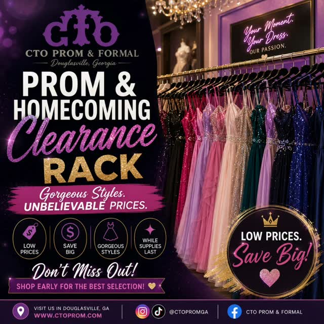 🚨 CLEARANCE RACK ALERT! 🚨
Your dream dress doesn't have to come with a dream-sized price tag! 💜
Shop our Prom & Homecoming Clearance Rack featuring gorgeous styles at unbelievable prices! Whether you're planning ahead for Homecoming, Prom, Military Ball, Gala, Pageant, or another special event, now is the perfect time to save.
✨ Gorgeous Styles
💜 Unbelievable Prices
💲 Save BIG
👗 While Supplies Last!
Don't wait—once they're gone, they're gone!
📍 7475 Douglas Blvd, Ste 102, Douglasville,
🌐 www.ctoprom.com
#CTOProm #PromDressSale #HomecomingDress #ClearanceSale #DouglasvilleGA