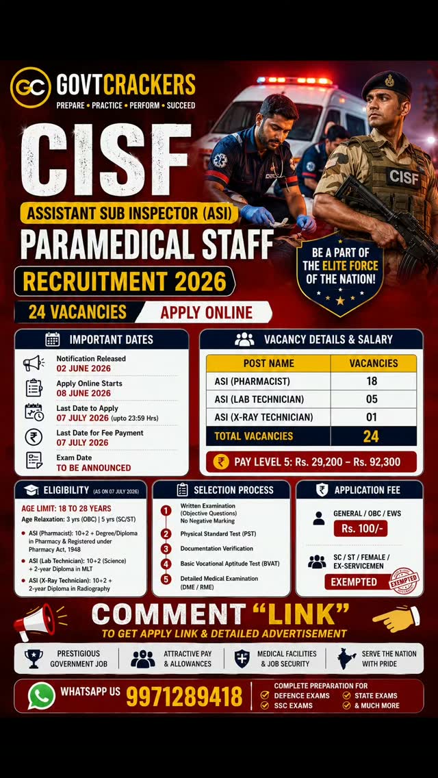 CISF ASI Paramedical Recruitment 2026 OUT! 🩺🇮🇳
**सरकारी नौकरी का सुनहरा मौका! अगर Medical Field में Career बनाना चाहते हो, तो यह भर्ती बिल्कुल मिस मत करना।**
✅ **Posts Available:**
🔹 ASI Pharmacist
🔹 ASI Lab Technician
🔹 ASI X-Ray Technician
📌 **Quick Highlights:**
✔️ Total Vacancies: **24**
✔️ Salary: **₹29,200 – ₹92,300 (Pay Level-5)**
✔️ Age Limit: **18–28 Years**
✔️ Selection: Written Exam → PST → Document Verification → BVAT → Medical
✔️ Government Job + Job Security + Attractive Salary
⚠️ **Don't wait for the last date!**
जो Candidate Defence & Paramedical Government Jobs की तैयारी कर रहे हैं, उनके लिए यह शानदार अवसर है।
📲 **Application Link & Complete Guidance के लिए "LINK" Comment करें।**
📚 Defence | SSC | CISF | CAPF | Delhi Police | State Police | Government Exam Preparation
📲 **WhatsApp: 9971289418**
🔥 **Follow @GovtCrackers** for Daily Government Job Updates, Defence Notifications & Exam Strategy.
CISF ASI Recruitment 2026, CISF Paramedical Staff Recruitment, CISF ASI Pharmacist, CISF Lab Technician Vacancy, CISF X Ray Technician Recruitment, CISF Notification 2026, CISF Vacancy 2026, Government Jobs 2026, Defence Jobs, Paramedical Government Jobs, SSC Preparation, CISF Salary, Latest Govt Jobs, GovtCrackers, CISF Online Form, CISF Exam Pattern
#GovtCrackers #CISF #CISFRecruitment2026 #ASIRecruitment #ParamedicalJobs GovernmentJobs LatestGovtJobs DefenceJobs SSCJobs MedicalJobs PharmacistJobs LabTechnician XRayTechnician JobAlert SarkariNaukri GovtExam ExamPreparation CompetitiveExams IndiaJobs Recruitment2026