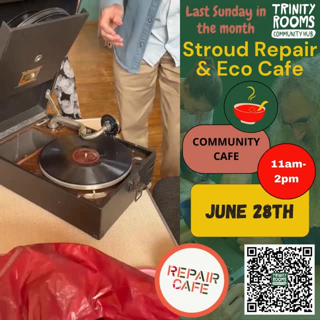Don't Forget next Sunday 28th June 2026 is our final Eco Repair Cafe before we take a summer break (we will be back on the LAST SUNDAY OF THE MONTH in September).
11am-2pm at our Trinity Rooms Community Hub in Stroud.
Book slots in advance on our website for bringing along any broken items for repair. Volunteers will be on hand to assist with various fixing of electronics, jewellery, household items, clothing & more.
OR just come along and enjoy lunch, tea, coffee, cakes, at our pay by donations community café.
All Information, Repair Booking, etc. can be found on our website or the link at: linktr.ee/trinity.rooms
#Stroud #Repairing #SupportingLocal #Upcycle #Craft #Amberley #MakeDoMend #Painswick #Clothing #Chalford #Wasteless #Nailsworth #Knitting #Sustainable #Eco #Gloucestershire