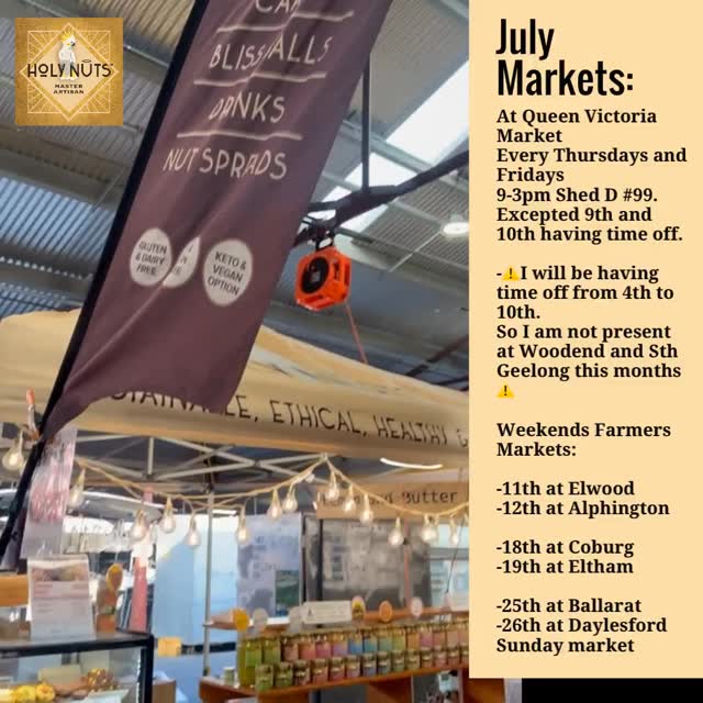 Where to find us in July:
At Queen Victoria Market
Every Thursdays and Fridays
9-3pm Shed D #99.
Excepted 9th and 10th having time off.
-⚠️I will be having time off from 4th to 10th.
So I am not present at Woodend and Sth Geelong this months ⚠️
Weekends Farmers Markets:
-11th at Elwood
-12th at Alphington
-18th at Coburg
-19th at Eltham
-25th at Ballarat
-26th at Daylesford Sunday market.
#wholefood #australianingredients #australianpistachio #madeinmelbourne #craftedwithlove #stoneground #slowprocess
#smallbatch
@farmersmarketcoburg
@farmersmarketalphington
@southgeelongfm
@elthamfarmersmarket
@daylesford_sunday_market
@ballaratfarmersmkt
#elwoodfarmersmarket
#pralinepistachio
#dubaichocolate #glutenfree
@vfma