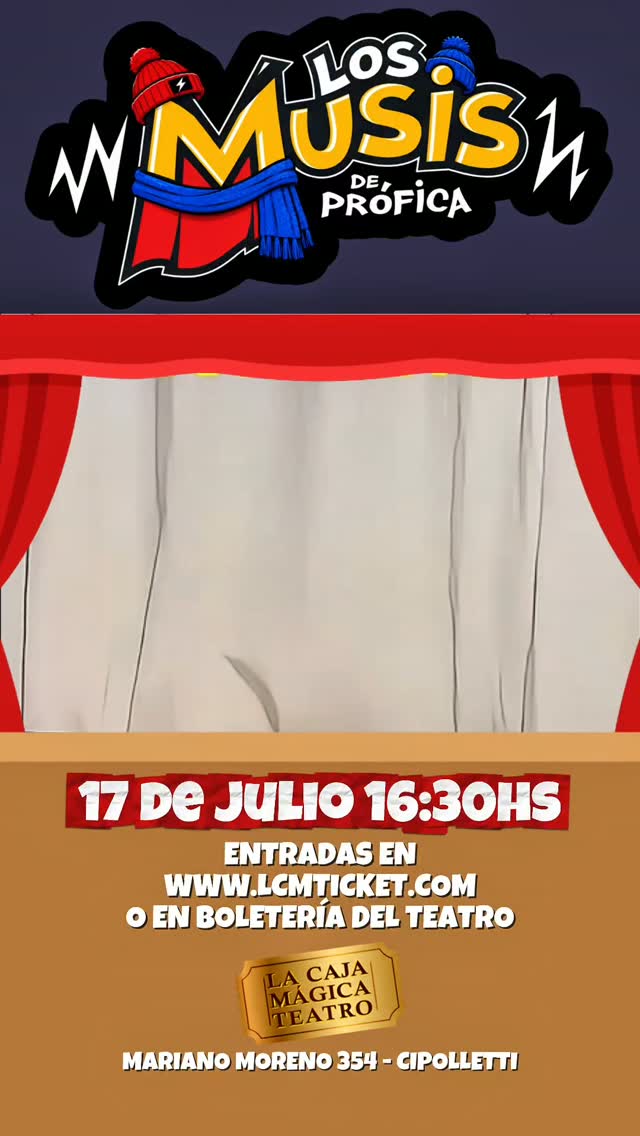 👉17 de Julio 16:30hs👈
Los Musis de Prófica presentan un espectáculo musical para toda la familia, donde las canciones, el juego, el humor y la participación del público se combinan para crear una experiencia única.
Estas vacaciones de invierno vení a disfrutar de una propuesta pensada para que grandes y chicos canten, bailen y compartan una tarde llena de alegría e imaginación.
Entradas por ticketera www.lcmticket.com o en efectivo en la sala con descuento!