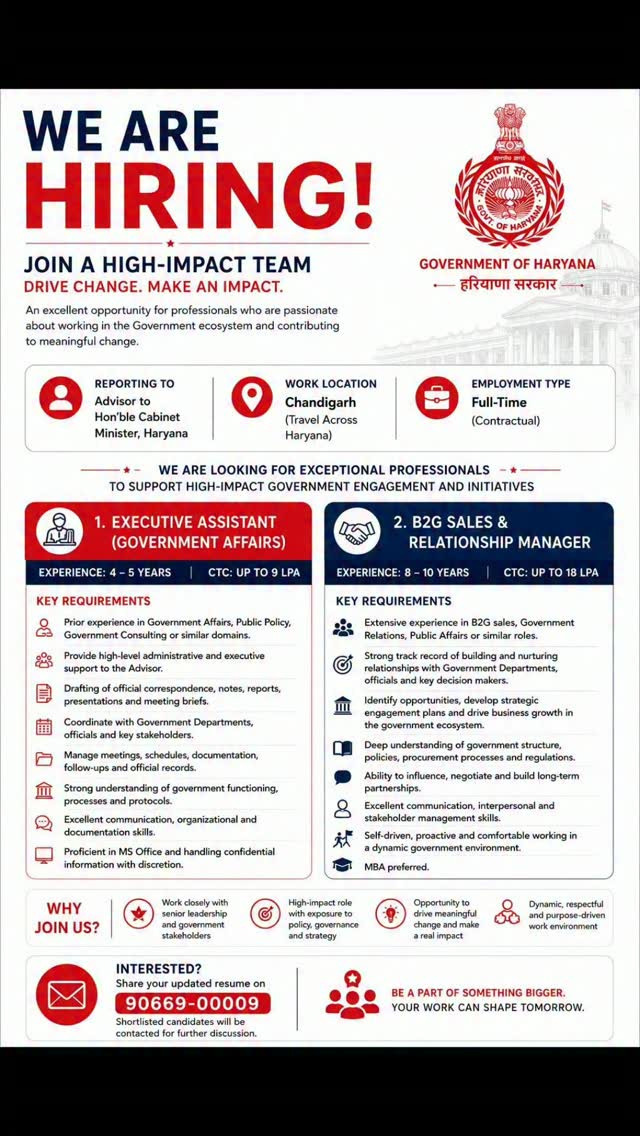 🚨 HARYANA GOVERNMENT JOB ALERT! | Advisor Office Recruitment 2026 🇮🇳
Looking for a High-Paying Government Contract Job? Here's an excellent opportunity to work with the Government of Haryana in a high-impact role supporting senior government leadership.
✅ Posts Available
• Executive Assistant (Government Affairs)
• B2G Sales & Relationship Manager
🎓 Eligibility: Graduate / MBA / Relevant Experience (Post-wise)
💼 Job Type: Full-Time (Contractual)
📍 Work Location: Chandigarh (Travel Across Haryana)
👨💼 Reporting To: Advisor to Hon'ble Cabinet Minister, Haryana
💰 Salary: Up to ₹9 LPA / ₹18 LPA (Post-wise)
📝 Selection: Shortlisting + Interview
📅 Experience Required: 4–10 Years (Post-wise)
🔥 Why Apply?
✅ Work directly with senior government officials
✅ Exposure to governance, policy & administration
✅ High-impact leadership role
✅ Excellent career growth opportunities
⏰ Apply as soon as possible. Limited vacancies!
📲 Need Official Notification, Eligibility Details & Application Guidance?
WhatsApp: 9971289418
👇 Comment "HARYANA" if you want the complete notification PDF and application process.
❤️ Save this post for future reference.
📤 Share it with friends looking for Government, PSU & Public Policy jobs.
📢 Follow @GovtCrackers for daily Government Jobs, Defence Updates, PSU Recruitments, Internships, Scholarships, SSC, UPSC, Banking, Railways, State Government Vacancies & Career Opportunities.
Haryana Government Recruitment 2026, Haryana Government Jobs, Government Affairs Jobs, Executive Assistant Vacancy, B2G Sales Manager Recruitment, Chandigarh Jobs, Government Contract Jobs, Public Policy Jobs, Advisor Office Recruitment, Latest Government Jobs, Sarkari Naukri 2026, MBA Government Jobs, Graduate Government Jobs, GovtCrackers
#fypppppppppppppppppppppppppppppppppppppppppppppppppppppppppppppppppppppp #HaryanaGovernment #explore #JobAlert #SarkariNaukri ChandigarhJobs GovernmentAffairs ExecutiveAssistant B2BSales CareerUpdate LatestJobs GraduateJobs MBAJobs Recruitment2026 GovtJobs