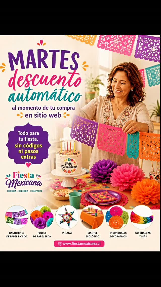 ✨️🌸Todos los martes obten tu descuento promocional en "Todos los articulos de la tienda" www.fiestamexicana.cl
Sólo debes elegir tus productos y al momento del pago se registrará tu descuento 😉
Elige envio a domicilio, o si quieres retirar en nuestra direccion elige "Dark store" 🏠
#fiestamexicana
#cumpleañoschile
#decoraciónmexicana
#hechoamanoconamor♥️
#papelpicado
