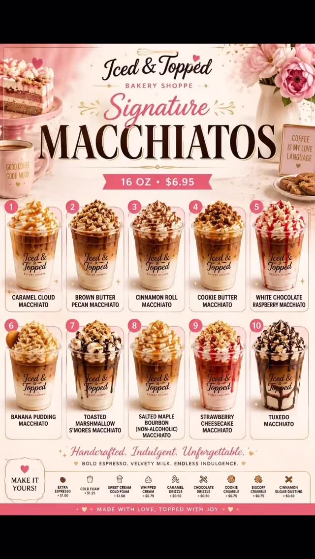 ☕✨ NEW AT ICED & TOPPED ✨☕
Meet our all-new Signature Macchiato Collection! Rich espresso. Velvety milk. House-made flavors. Finished with decadent drizzles and toppings that turn every cup into dessert.
Choose your favorite:
🤎 Caramel Cloud
🥜 Brown Butter Pecan
🥐 Cinnamon Roll
🍪 Cookie Butter
🍓 White Chocolate Raspberry
🍌 Banana Pudding
🔥 Toasted Marshmallow S’mores
🍁 Salted Maple Bourbon (Non-Alcoholic)
🍰 Strawberry Cheesecake
🖤 Tuxedo
Whether you’re a caramel lover, a cookie fanatic, or a cheesecake devotee, there’s a macchiato waiting for you.
Stop by today and discover your new favorite coffee obsession. Which one are you trying first? 👇
📍 Iced & Topped Bakery Shoppe
#IcedAndTopped #Macchiato #CoffeeLovers #SpecialtyCoffee #Espresso CoffeeTime CoffeeShop CafeVibes DessertCoffee CaramelMacchiato CookieButter BananaPudding CinnamonRoll StrawberryCheesecake SmoreCoffee TreatYourself SweetTooth GeorgiaEats DouglasvilleGA SupportLocal DrinkLocal BakeryLife CoffeeObsessed Foodie VisitDouglasville